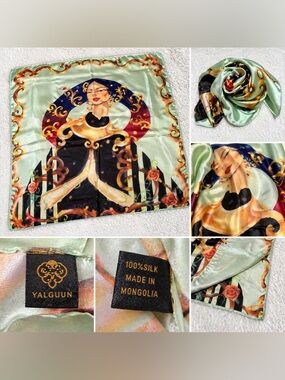 Yalguun 100% Silk Scarf Wearable Art Mongolia Woman Portrait Print. Vintage.!
